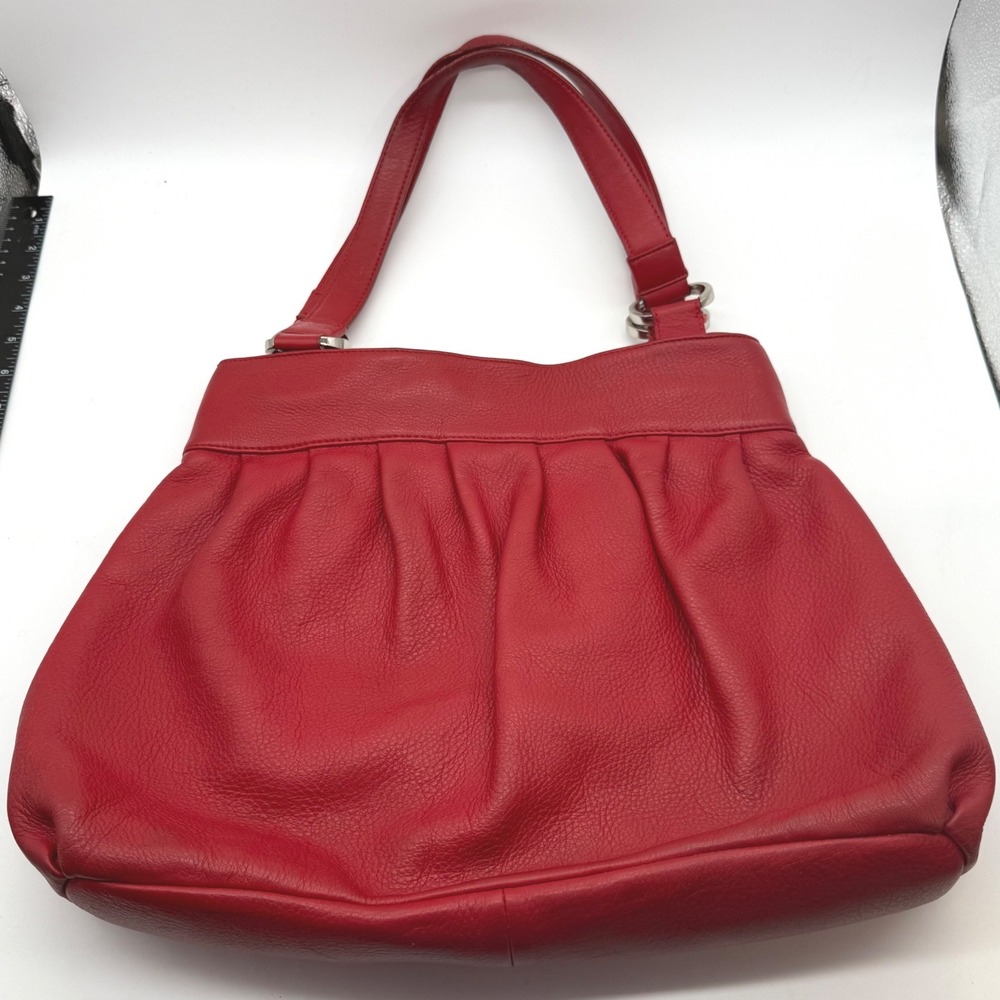 Nordstrom Red Pebble Genuine Leather Pleated Shoulder Bag Silver Hardware-worn